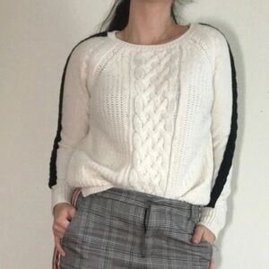 Vintage ZARA Cable Knit Cream Cotton Blend Sweater Black Stripe Women S/M Slouch